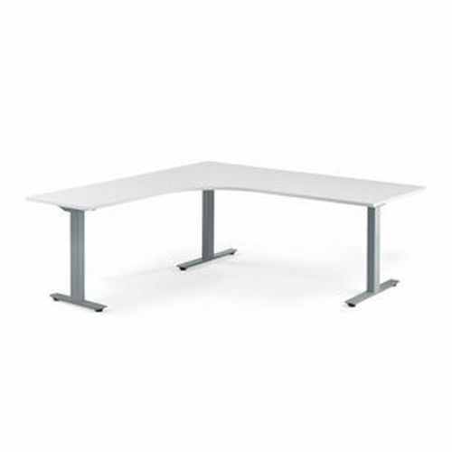 Rohový psací stůl MODULUS, T-nohy, 2000x2000 mm, stříbrný rám, bílá